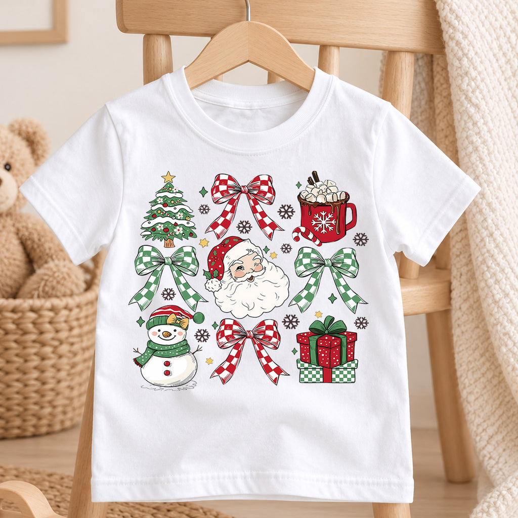 Retro Christmas Grid Shirt, Festive Holiday Icons Tee, Cute Santa Snowman Kids Outfit, Christmas Tree Cocoa Top, Holiday Gift Kids Tee — product view 4