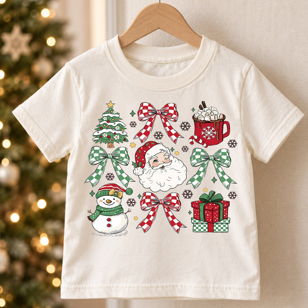 Retro Christmas Grid Shirt, Festive Holiday Icons Tee, Cute Santa Snowman Kids Outfit, Christmas Tree Cocoa Top, Holiday Gift Kids Tee — product view 5