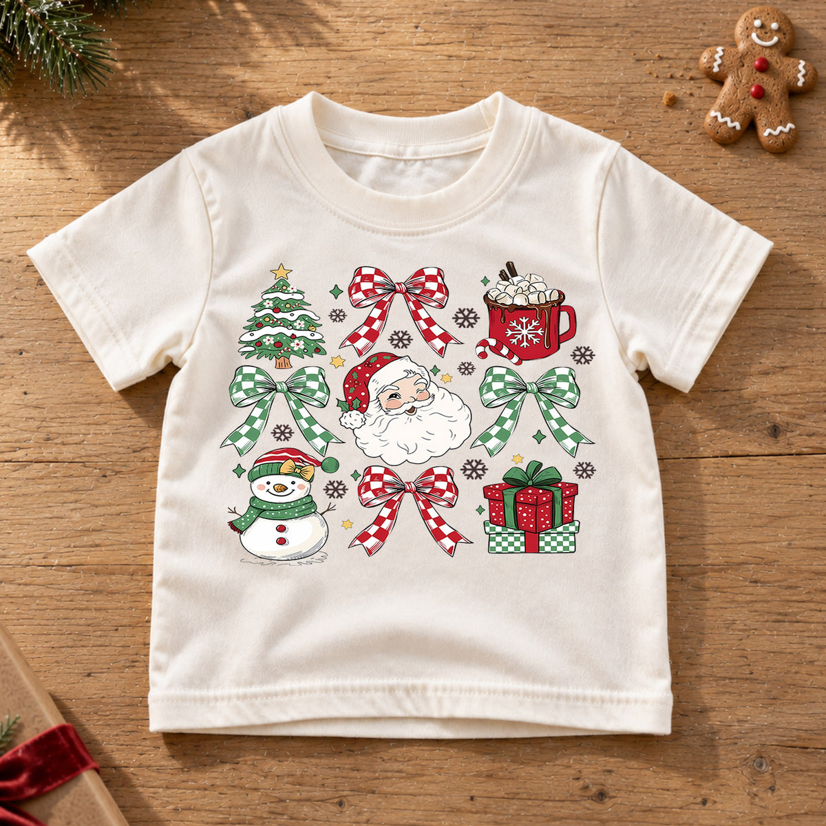 Retro Christmas Grid Shirt, Festive Holiday Icons Tee, Cute Santa Snowman Kids Outfit, Christmas Tree Cocoa Top, Holiday Gift Kids Tee — product view 6