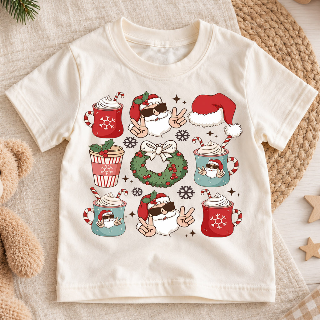 Cool Santa Christmas Kids Shirt, Hot Cocoa Holiday Collage Tee, Santa Sunglasses Xmas Outfit for Boys Girls, Funny Festive Gift for Kids — product view 1