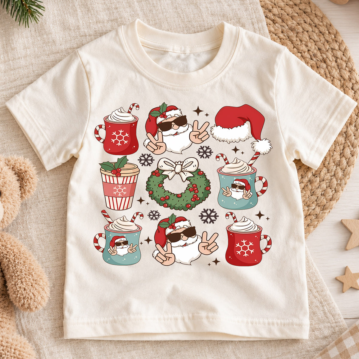 Cool Santa Christmas Kids Shirt, Hot Cocoa Holiday Collage Tee, Santa Sunglasses Xmas Outfit for Boys Girls, Funny Festive Gift for Kids — product view 1