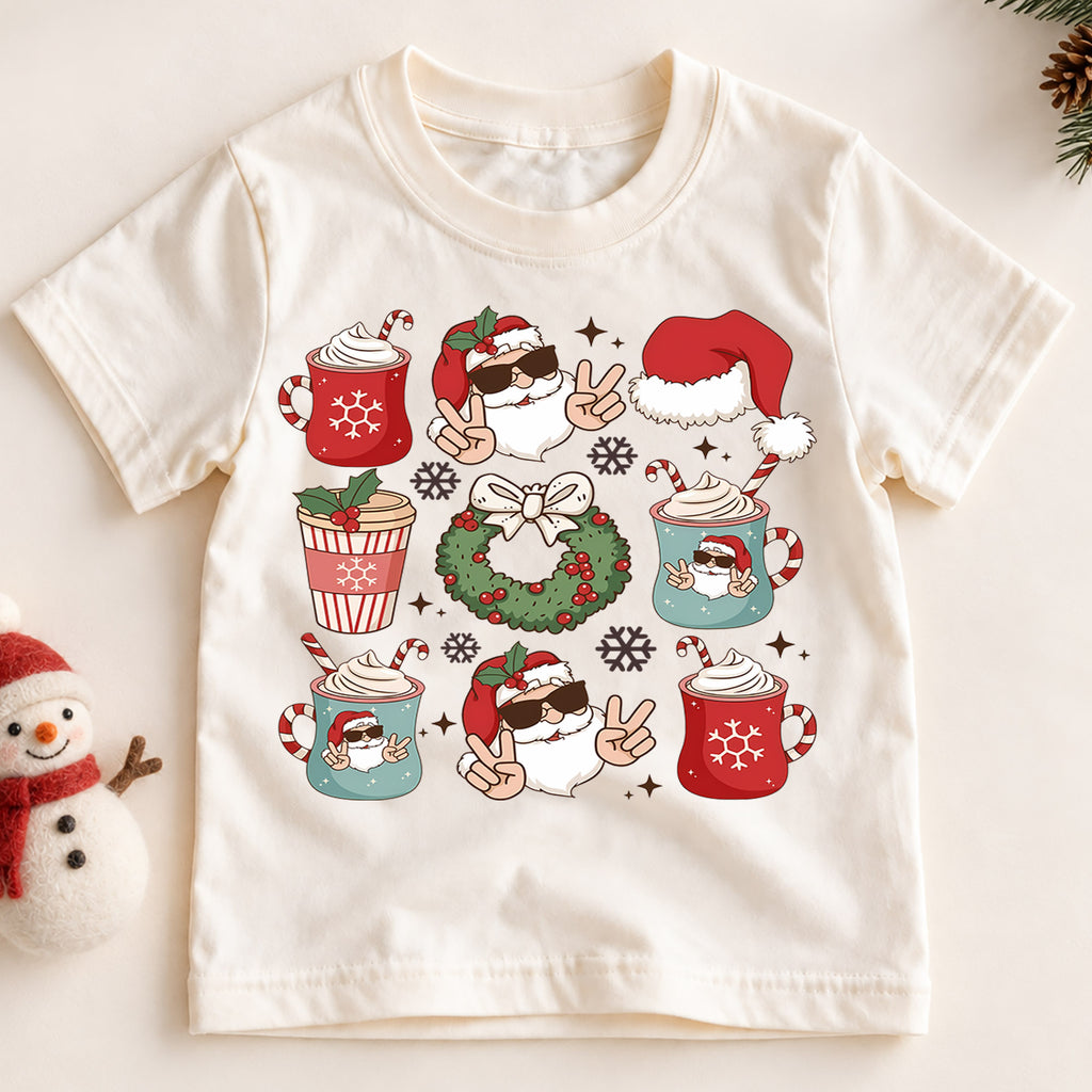 Cool Santa Christmas Kids Shirt, Hot Cocoa Holiday Collage Tee, Santa Sunglasses Xmas Outfit for Boys Girls, Funny Festive Gift for Kids — product view 2