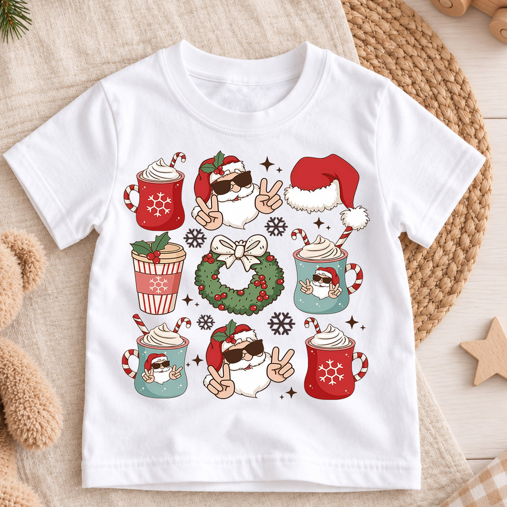 Cool Santa Christmas Kids Shirt, Hot Cocoa Holiday Collage Tee, Santa Sunglasses Xmas Outfit for Boys Girls, Funny Festive Gift for Kids — product view 3