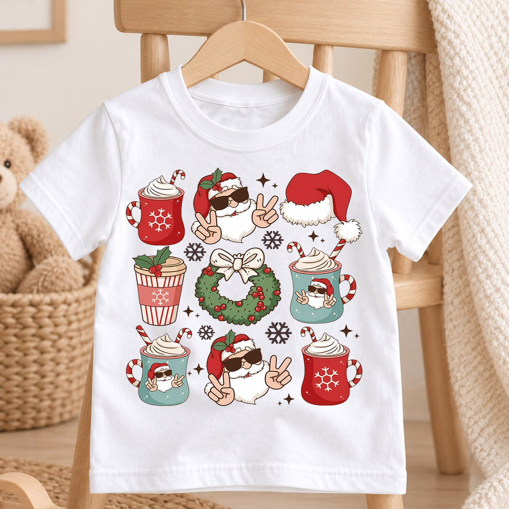 Cool Santa Christmas Kids Shirt, Hot Cocoa Holiday Collage Tee, Santa Sunglasses Xmas Outfit for Boys Girls, Funny Festive Gift for Kids — product view 4