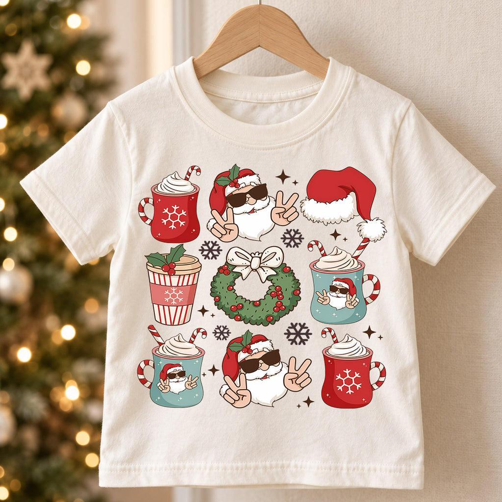 Cool Santa Christmas Kids Shirt, Hot Cocoa Holiday Collage Tee, Santa Sunglasses Xmas Outfit for Boys Girls, Funny Festive Gift for Kids — product view 5