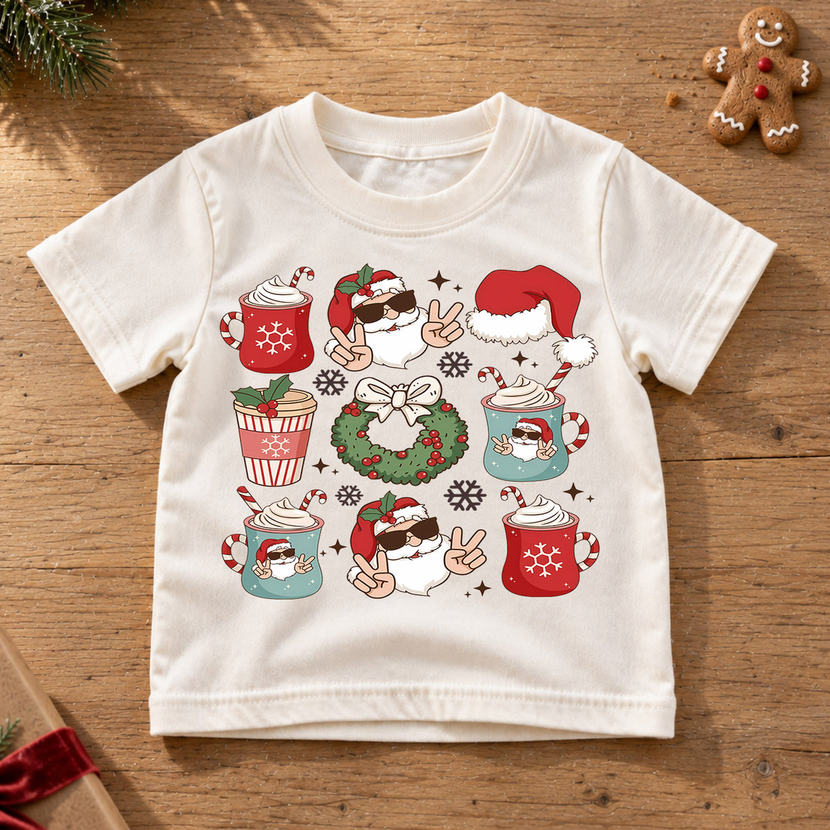 Cool Santa Christmas Kids Shirt, Hot Cocoa Holiday Collage Tee, Santa Sunglasses Xmas Outfit for Boys Girls, Funny Festive Gift for Kids — product view 6