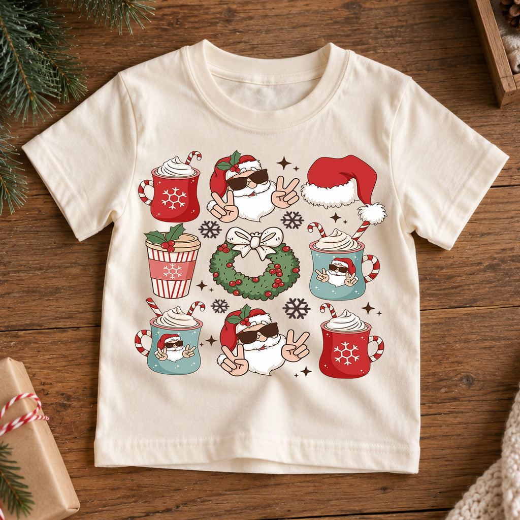 Cool Santa Christmas Kids Shirt, Hot Cocoa Holiday Collage Tee, Santa Sunglasses Xmas Outfit for Boys Girls, Funny Festive Gift for Kids — product view 7