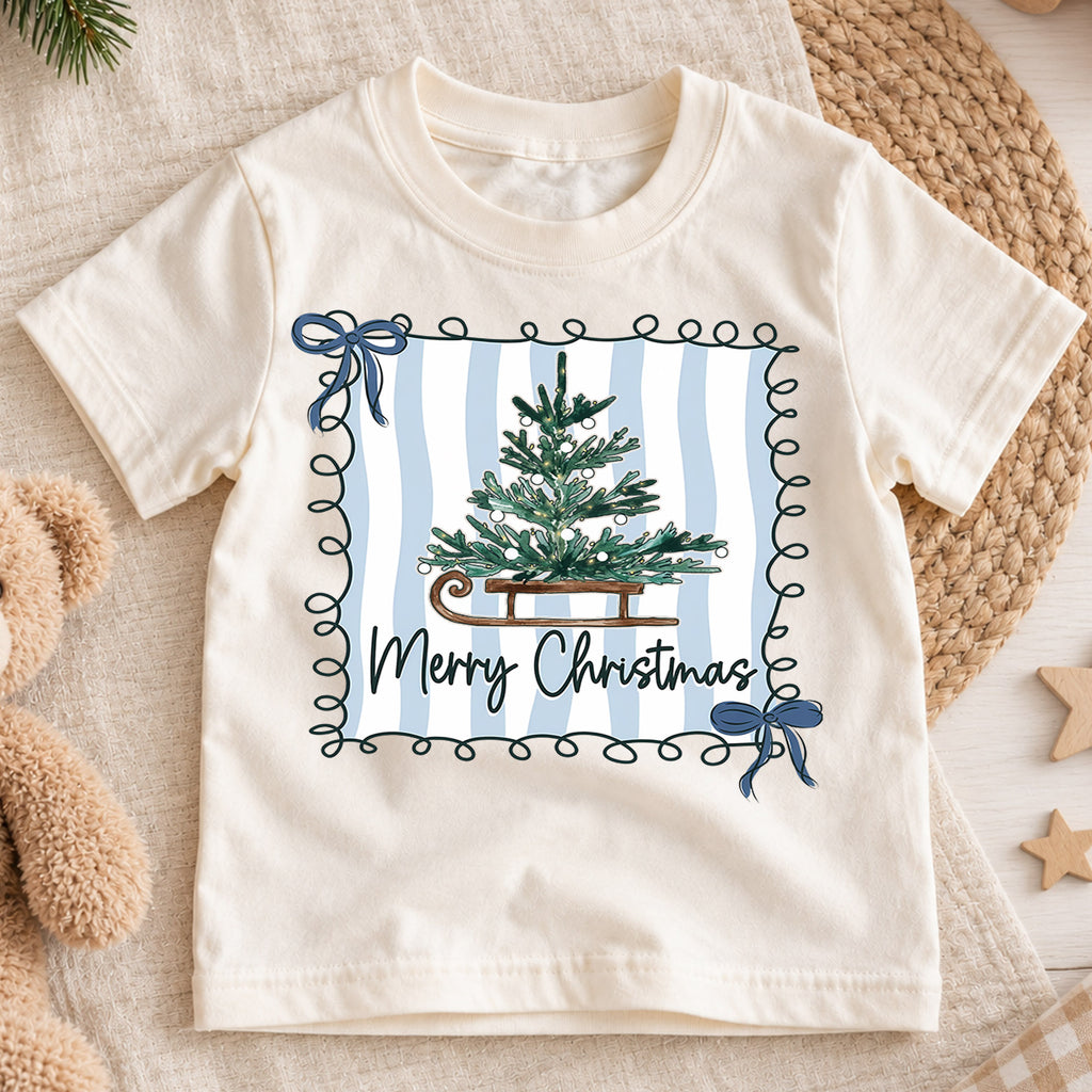 Merry Christmas Tree Kids Shirt, Blue Stripe Holiday Tee, Vintage Sled Christmas Tree Outfit for Boys Girls, Preppy Festive Gift for Kids — product view 1