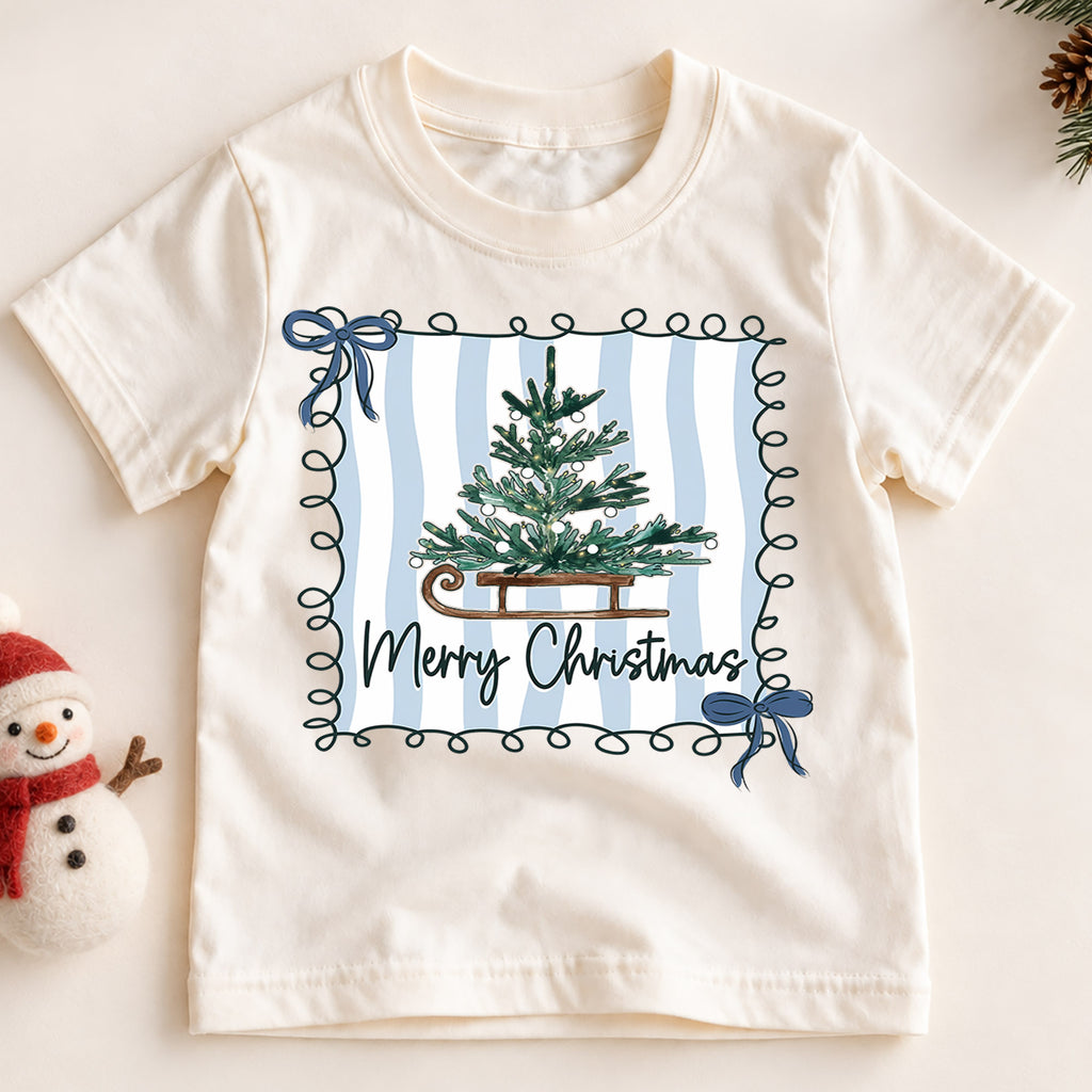 Merry Christmas Tree Kids Shirt, Blue Stripe Holiday Tee, Vintage Sled Christmas Tree Outfit for Boys Girls, Preppy Festive Gift for Kids — product view 2
