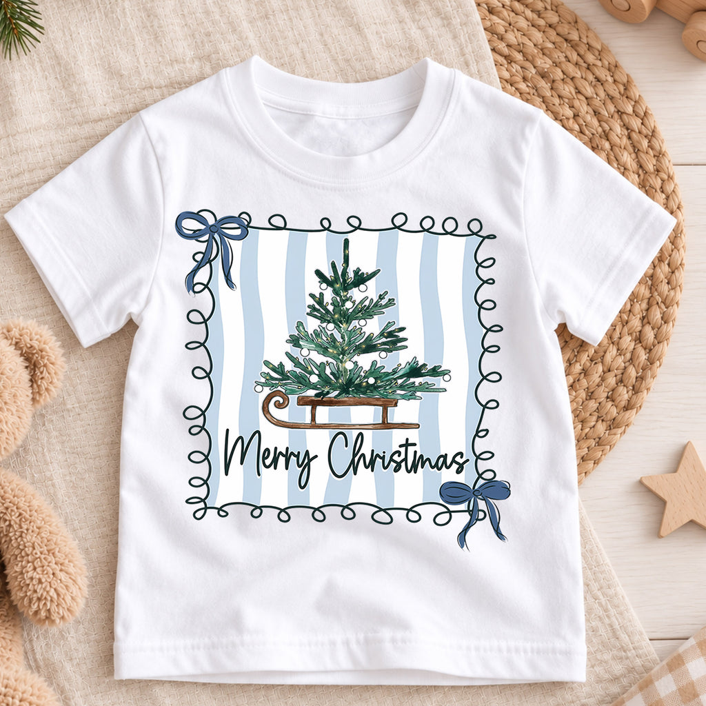 Merry Christmas Tree Kids Shirt, Blue Stripe Holiday Tee, Vintage Sled Christmas Tree Outfit for Boys Girls, Preppy Festive Gift for Kids — product view 3