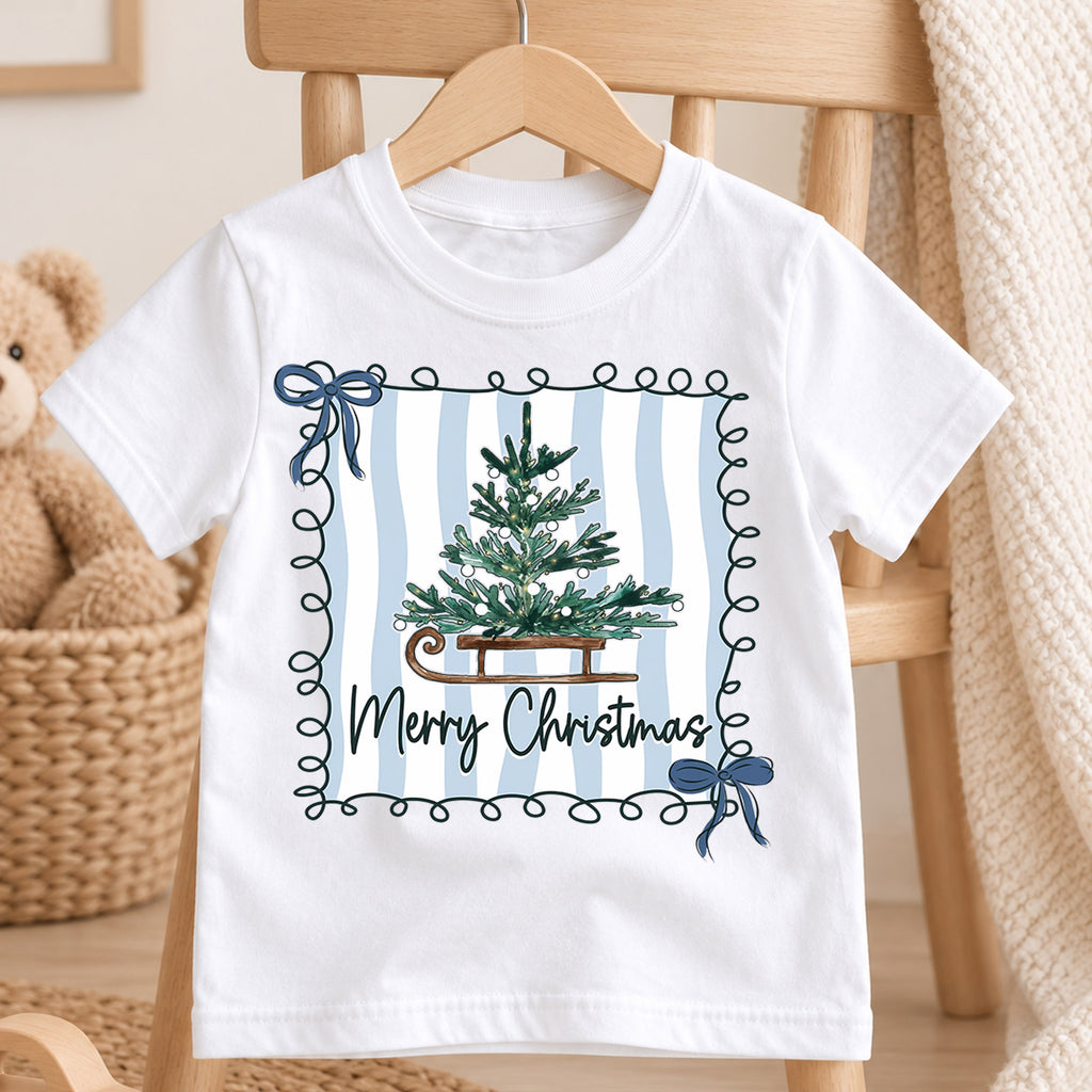 Merry Christmas Tree Kids Shirt, Blue Stripe Holiday Tee, Vintage Sled Christmas Tree Outfit for Boys Girls, Preppy Festive Gift for Kids — product view 4