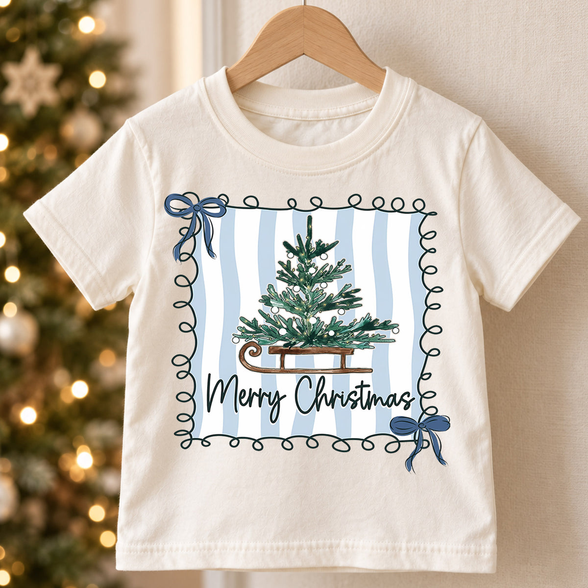 Merry Christmas Tree Kids Shirt, Blue Stripe Holiday Tee, Vintage Sled Christmas Tree Outfit for Boys Girls, Preppy Festive Gift for Kids — product view 5