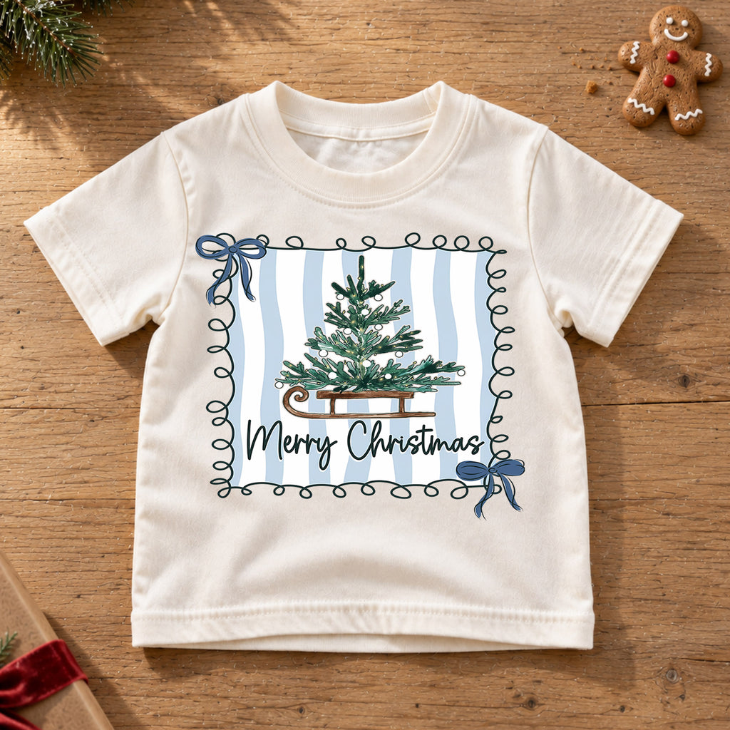 Merry Christmas Tree Kids Shirt, Blue Stripe Holiday Tee, Vintage Sled Christmas Tree Outfit for Boys Girls, Preppy Festive Gift for Kids — product view 6