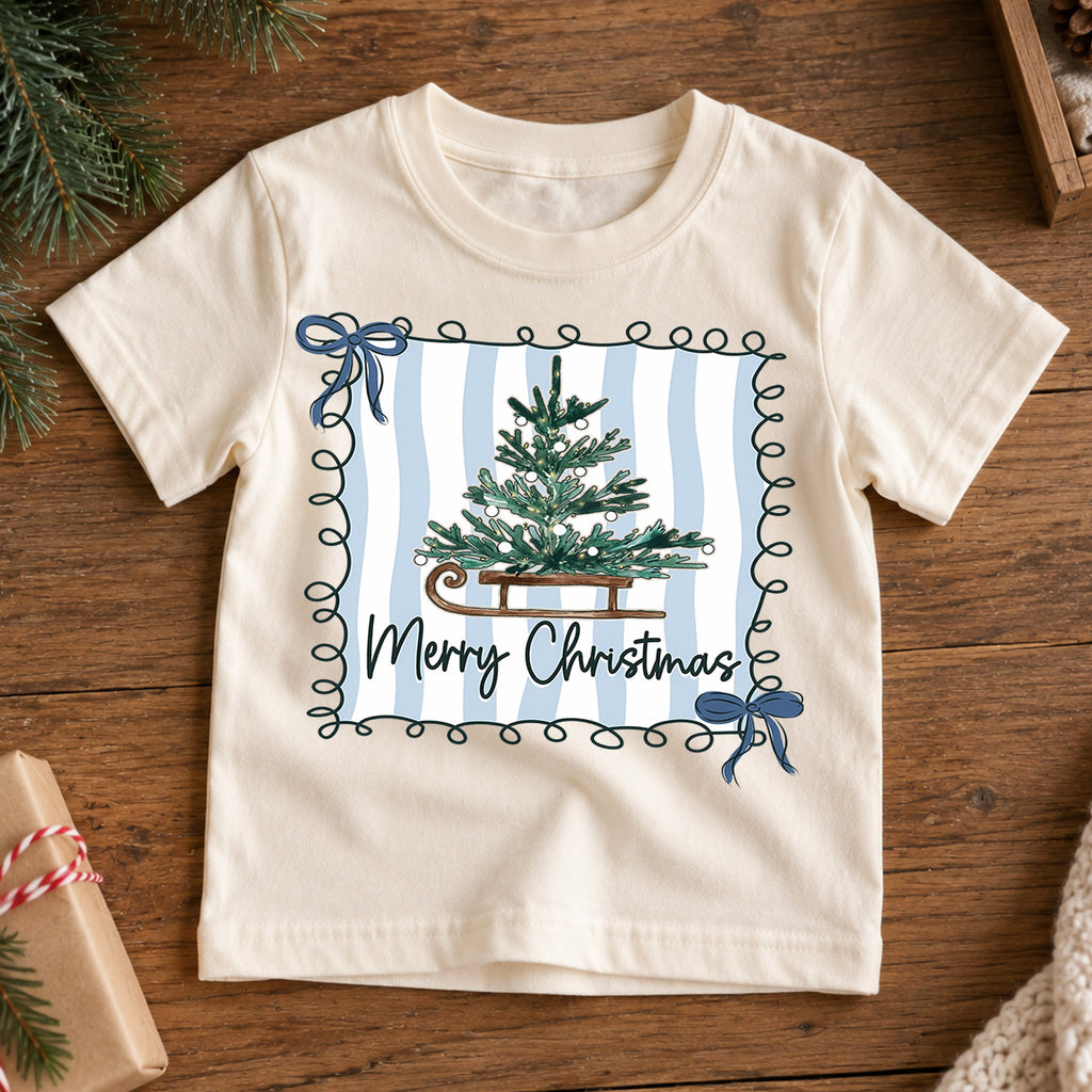 Merry Christmas Tree Kids Shirt, Blue Stripe Holiday Tee, Vintage Sled Christmas Tree Outfit for Boys Girls, Preppy Festive Gift for Kids — product view 7