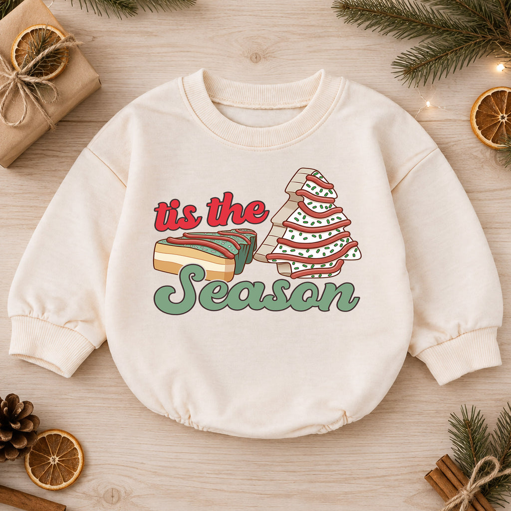 Christmas Cookie Baby Romper, Tree Cake Holiday Outfit for Toddler, Tis the Season Romper, Cute Baby Christmas Xmas Gift — product view 1