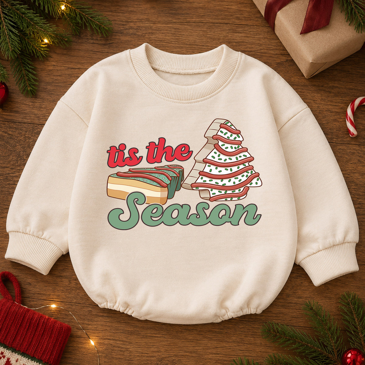 Christmas Cookie Baby Romper, Tree Cake Holiday Outfit for Toddler, Tis the Season Romper, Cute Baby Christmas Xmas Gift — product view 2