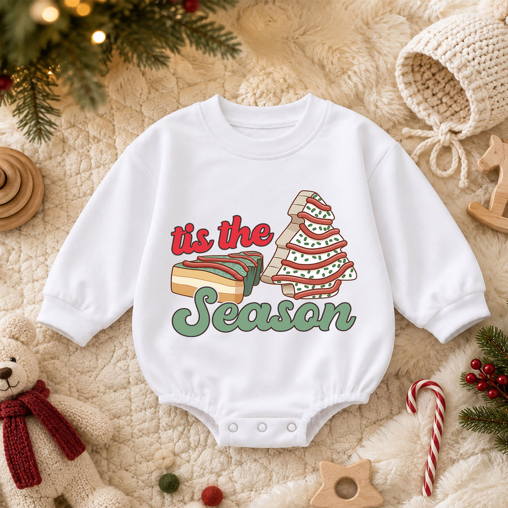 Christmas Cookie Baby Romper, Tree Cake Holiday Outfit for Toddler, Tis the Season Romper, Cute Baby Christmas Xmas Gift — product view 3