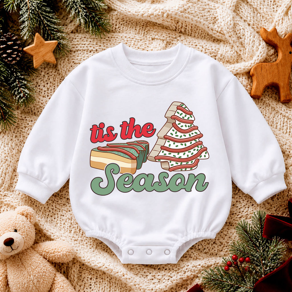 Christmas Cookie Baby Romper, Tree Cake Holiday Outfit for Toddler, Tis the Season Romper, Cute Baby Christmas Xmas Gift — product view 4