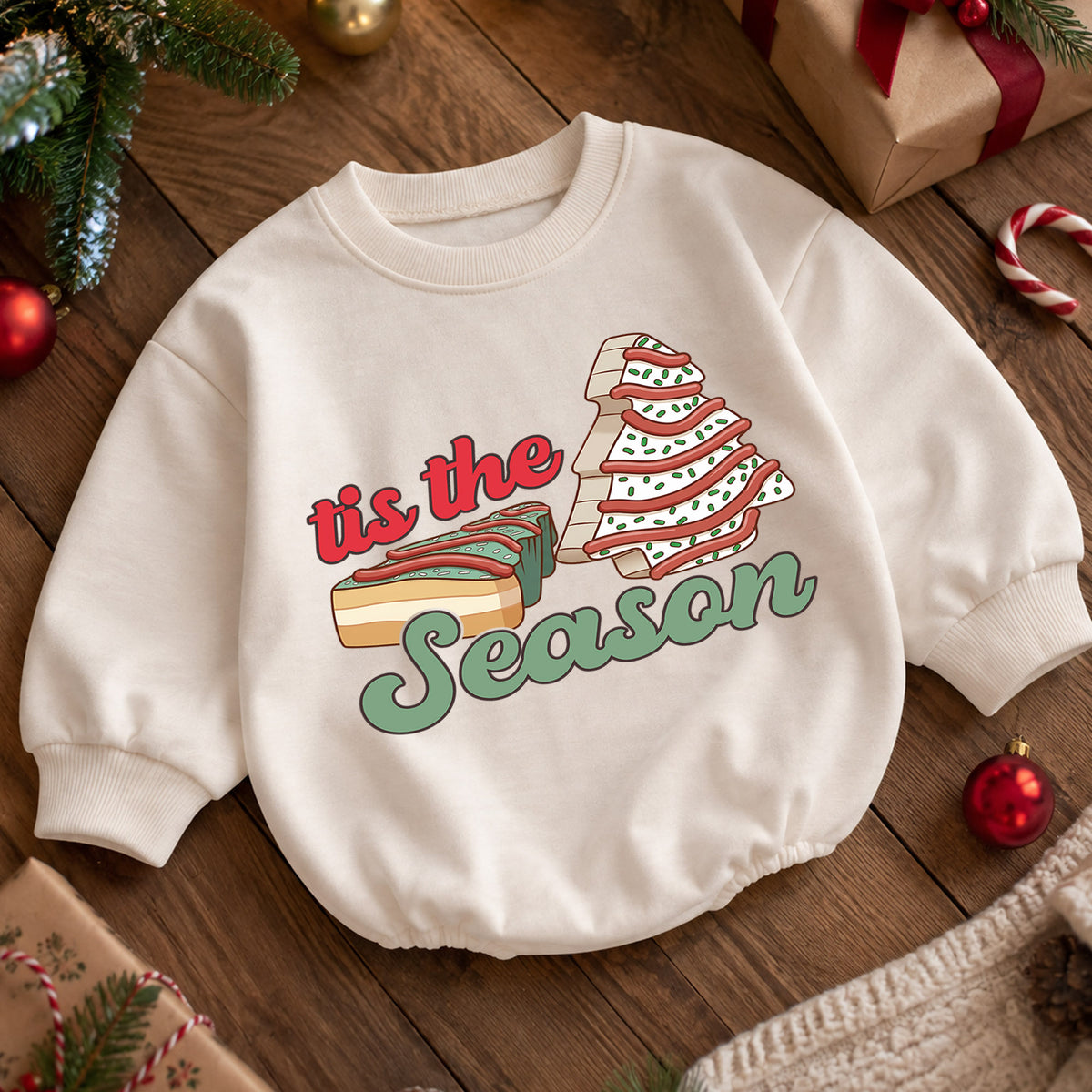 Christmas Cookie Baby Romper, Tree Cake Holiday Outfit for Toddler, Tis the Season Romper, Cute Baby Christmas Xmas Gift — product view 5