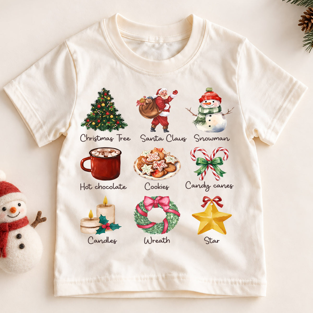 Watercolor Christmas Icons Shirt, Toddler Holiday Grid Tee, Cute Xmas Elements Kids Outfit, Festive Winter Top, Gift For Kids Kids Tee — product view 2