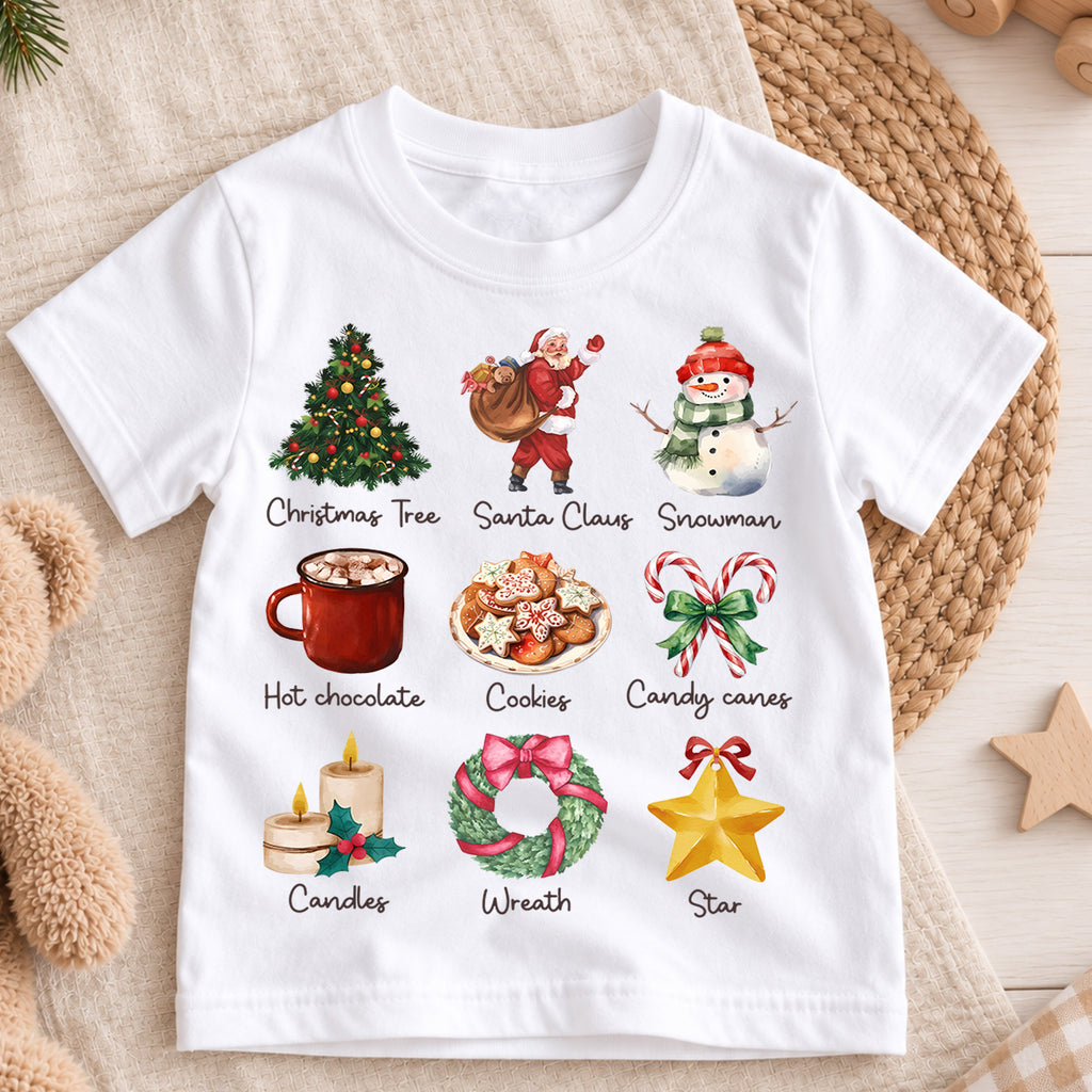 Watercolor Christmas Icons Shirt, Toddler Holiday Grid Tee, Cute Xmas Elements Kids Outfit, Festive Winter Top, Gift For Kids Kids Tee — product view 3