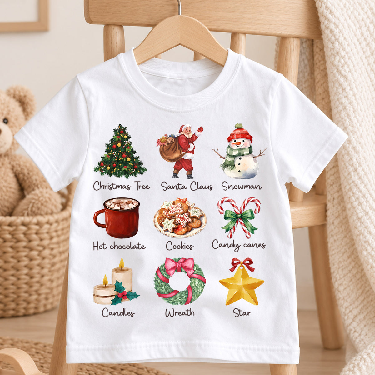 Watercolor Christmas Icons Shirt, Toddler Holiday Grid Tee, Cute Xmas Elements Kids Outfit, Festive Winter Top, Gift For Kids Kids Tee — product view 4