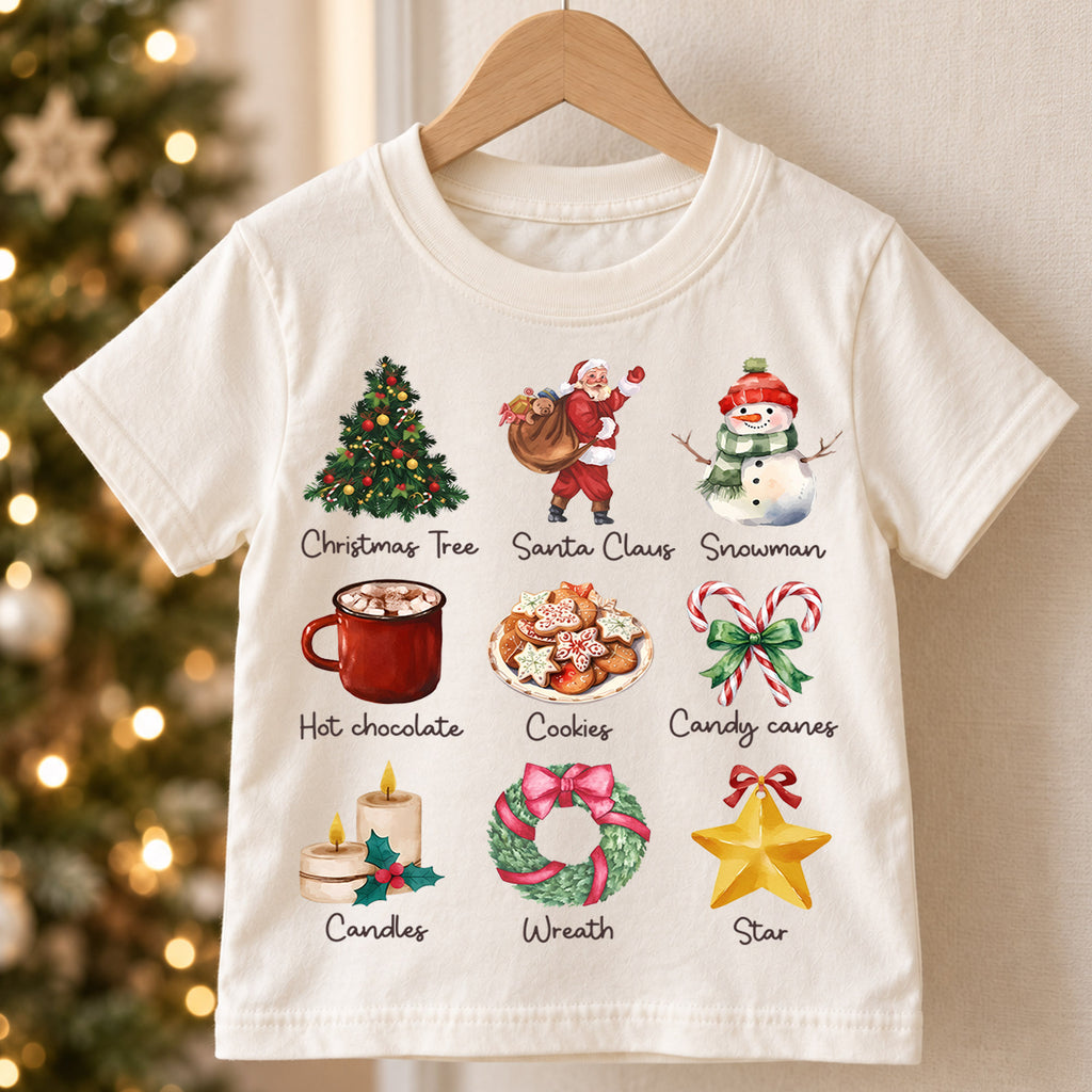 Watercolor Christmas Icons Shirt, Toddler Holiday Grid Tee, Cute Xmas Elements Kids Outfit, Festive Winter Top, Gift For Kids Kids Tee — product view 5
