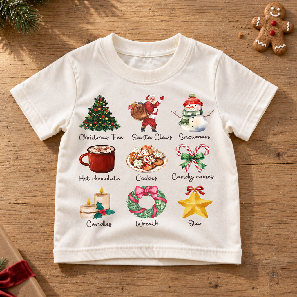 Watercolor Christmas Icons Shirt, Toddler Holiday Grid Tee, Cute Xmas Elements Kids Outfit, Festive Winter Top, Gift For Kids Kids Tee — product view 6