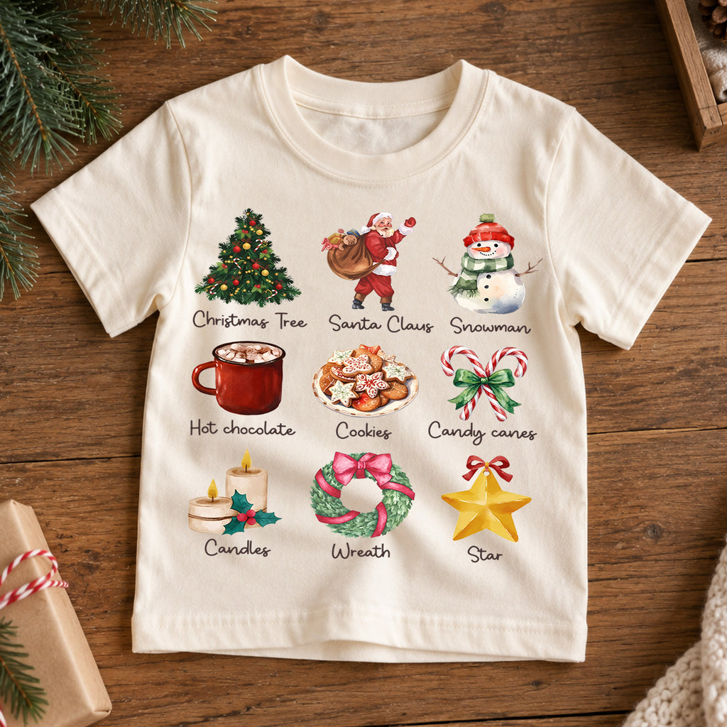Watercolor Christmas Icons Shirt, Toddler Holiday Grid Tee, Cute Xmas Elements Kids Outfit, Festive Winter Top, Gift For Kids Kids Tee — product view 7