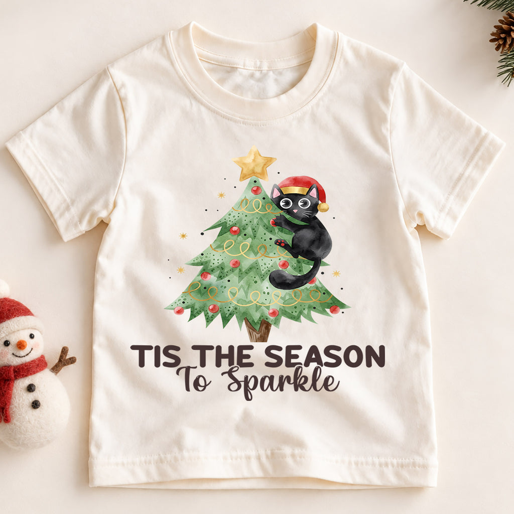 Tis the Season to Sparkle Kids Christmas Shirt, Black Cat Christmas Tree Tee, Cute Holiday Kitty Outfit for Boys Girls, Cat Lover Gift — product view 2