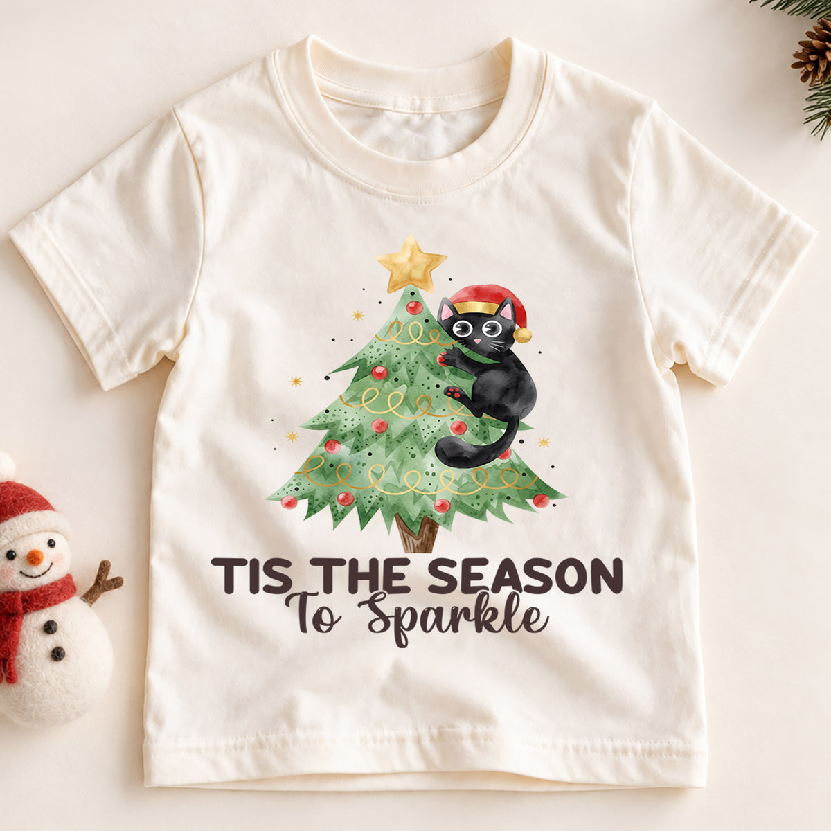 Tis the Season to Sparkle Kids Christmas Shirt, Black Cat Christmas Tree Tee, Cute Holiday Kitty Outfit for Boys Girls, Cat Lover Gift — product view 2