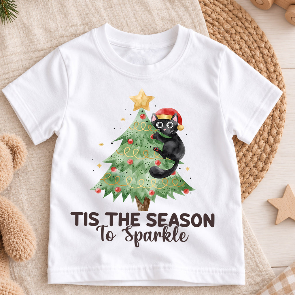 Tis the Season to Sparkle Kids Christmas Shirt, Black Cat Christmas Tree Tee, Cute Holiday Kitty Outfit for Boys Girls, Cat Lover Gift — product view 3