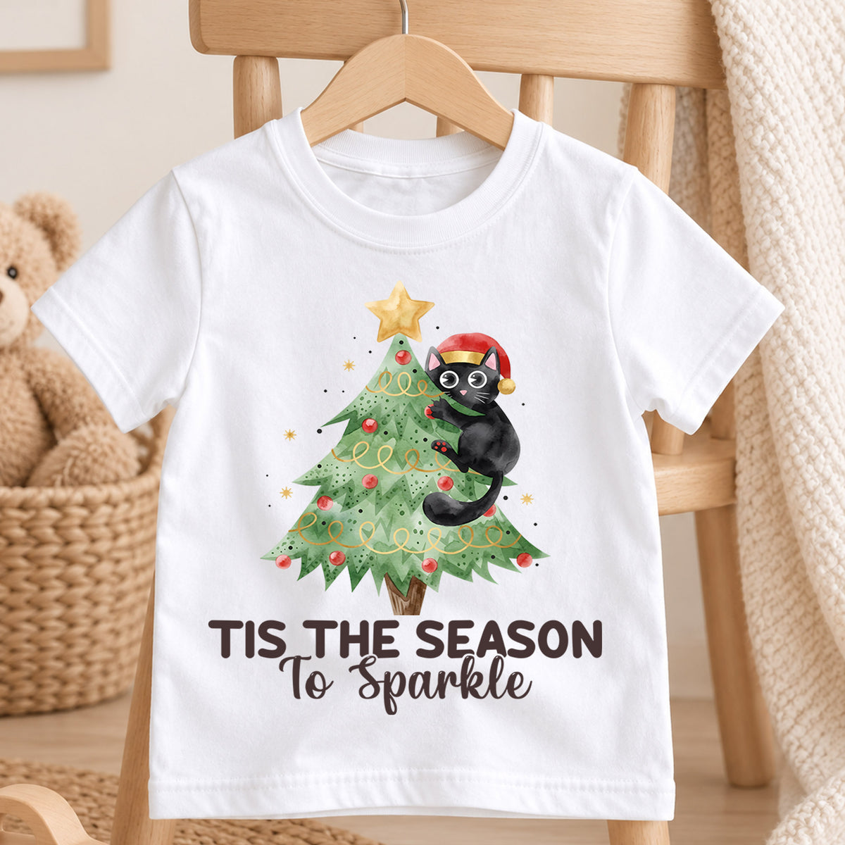 Tis the Season to Sparkle Kids Christmas Shirt, Black Cat Christmas Tree Tee, Cute Holiday Kitty Outfit for Boys Girls, Cat Lover Gift — product view 4