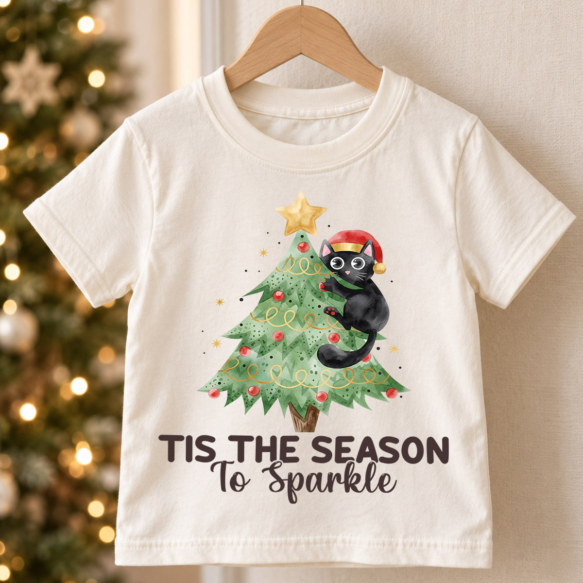 Tis the Season to Sparkle Kids Christmas Shirt, Black Cat Christmas Tree Tee, Cute Holiday Kitty Outfit for Boys Girls, Cat Lover Gift — product view 5