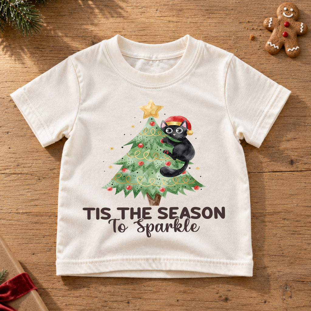 Tis the Season to Sparkle Kids Christmas Shirt, Black Cat Christmas Tree Tee, Cute Holiday Kitty Outfit for Boys Girls, Cat Lover Gift — product view 6