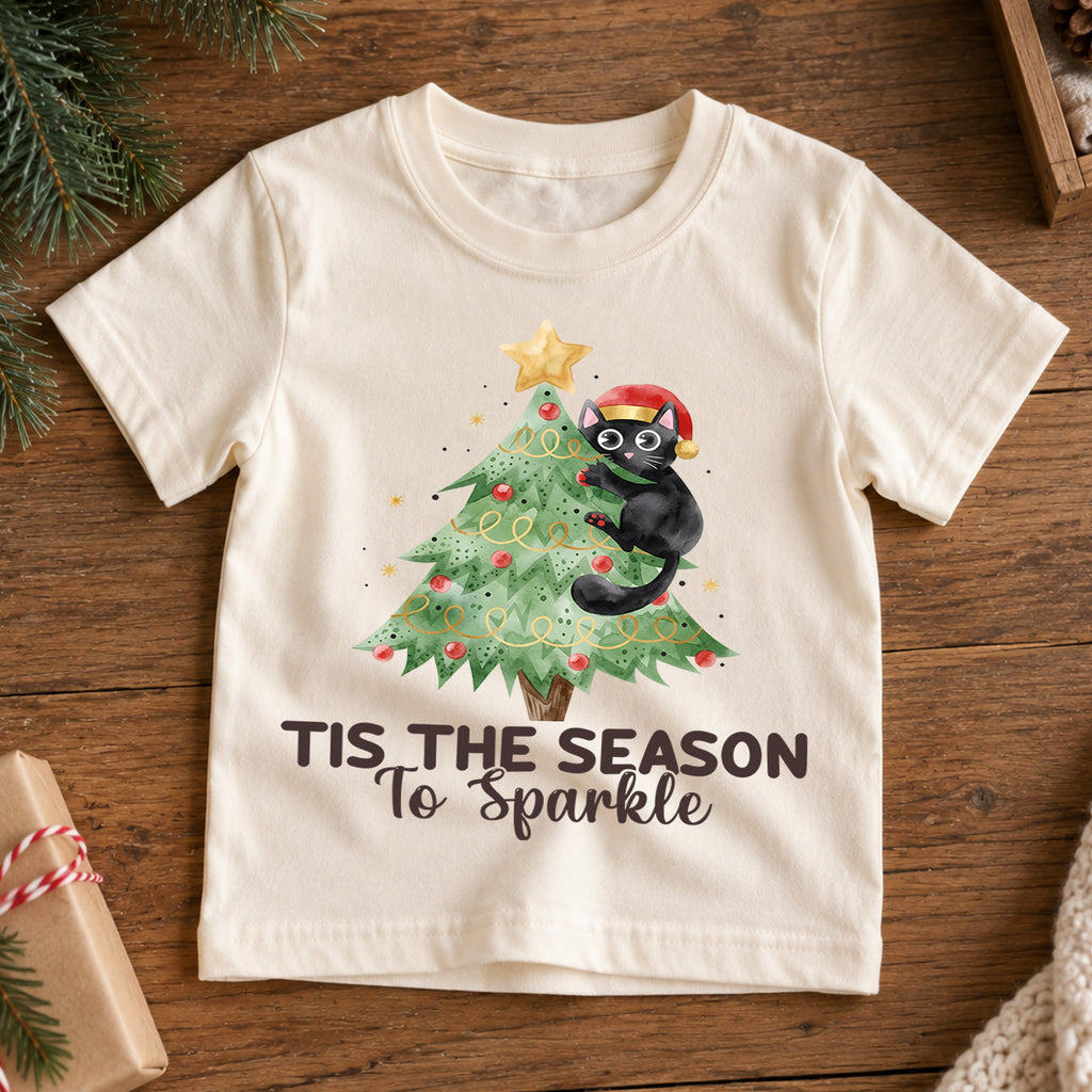 Tis the Season to Sparkle Kids Christmas Shirt, Black Cat Christmas Tree Tee, Cute Holiday Kitty Outfit for Boys Girls, Cat Lover Gift — product view 7