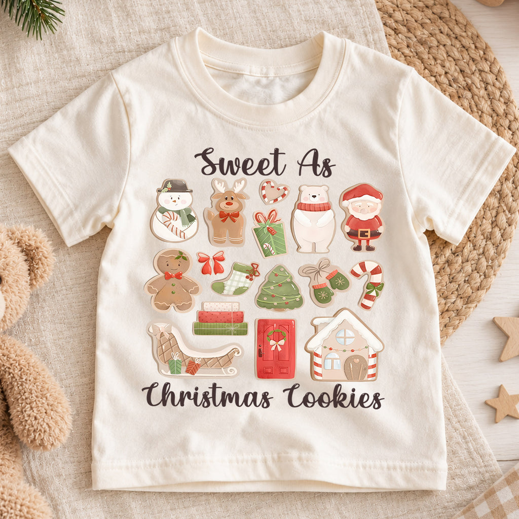 Sweet As Christmas Cookies Kids Shirt, Gingerbread Holiday Tee, Santa Christmas Cookie Collage Outfit for Boys Girls, Cute Xmas Gift — product view 1