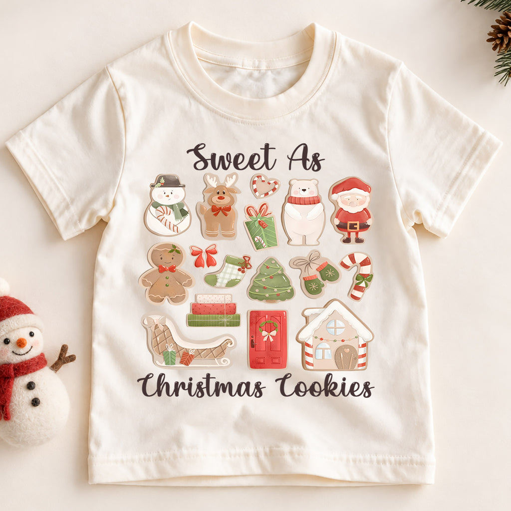 Sweet As Christmas Cookies Kids Shirt, Gingerbread Holiday Tee, Santa Christmas Cookie Collage Outfit for Boys Girls, Cute Xmas Gift — product view 2