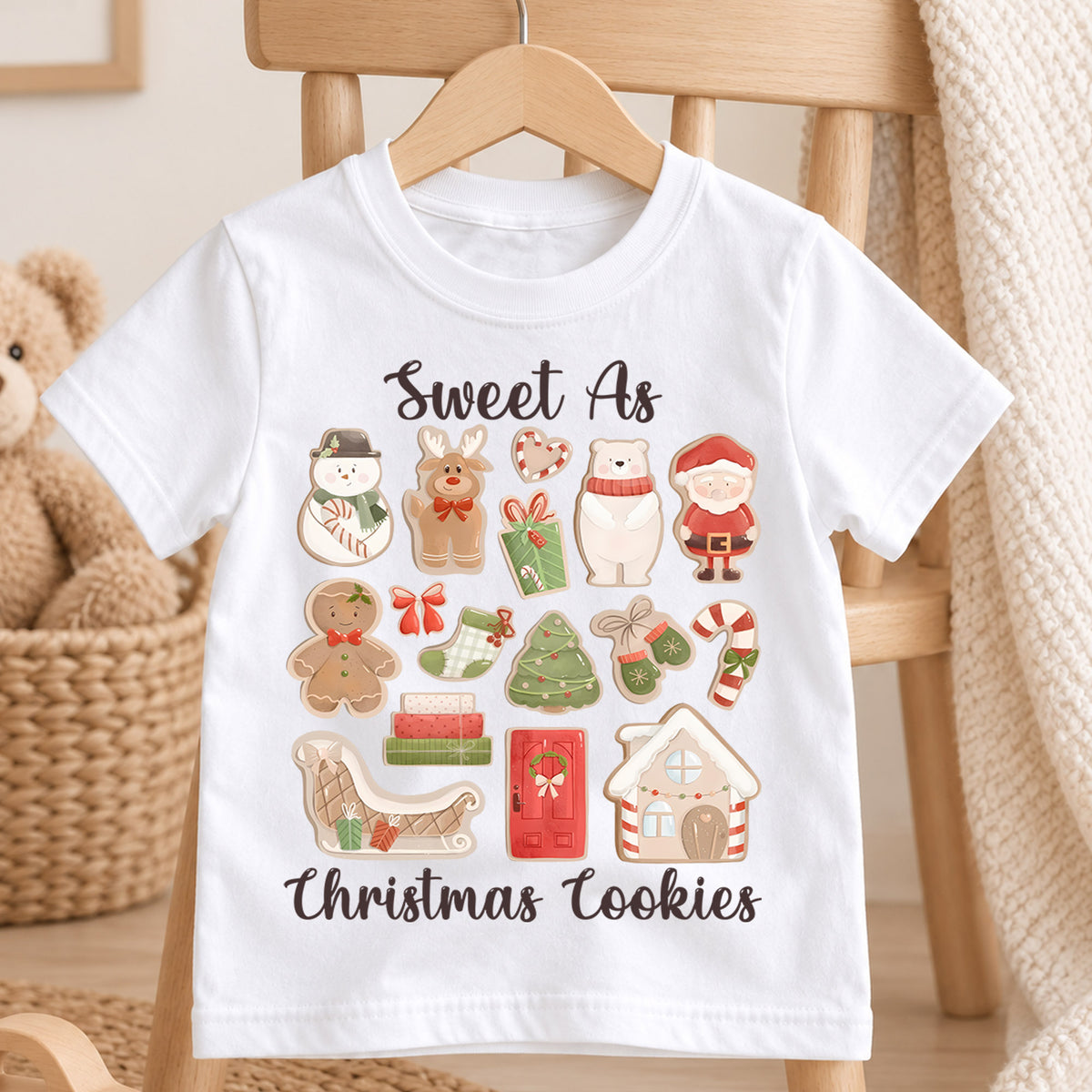 Sweet As Christmas Cookies Kids Shirt, Gingerbread Holiday Tee, Santa Christmas Cookie Collage Outfit for Boys Girls, Cute Xmas Gift — product view 4