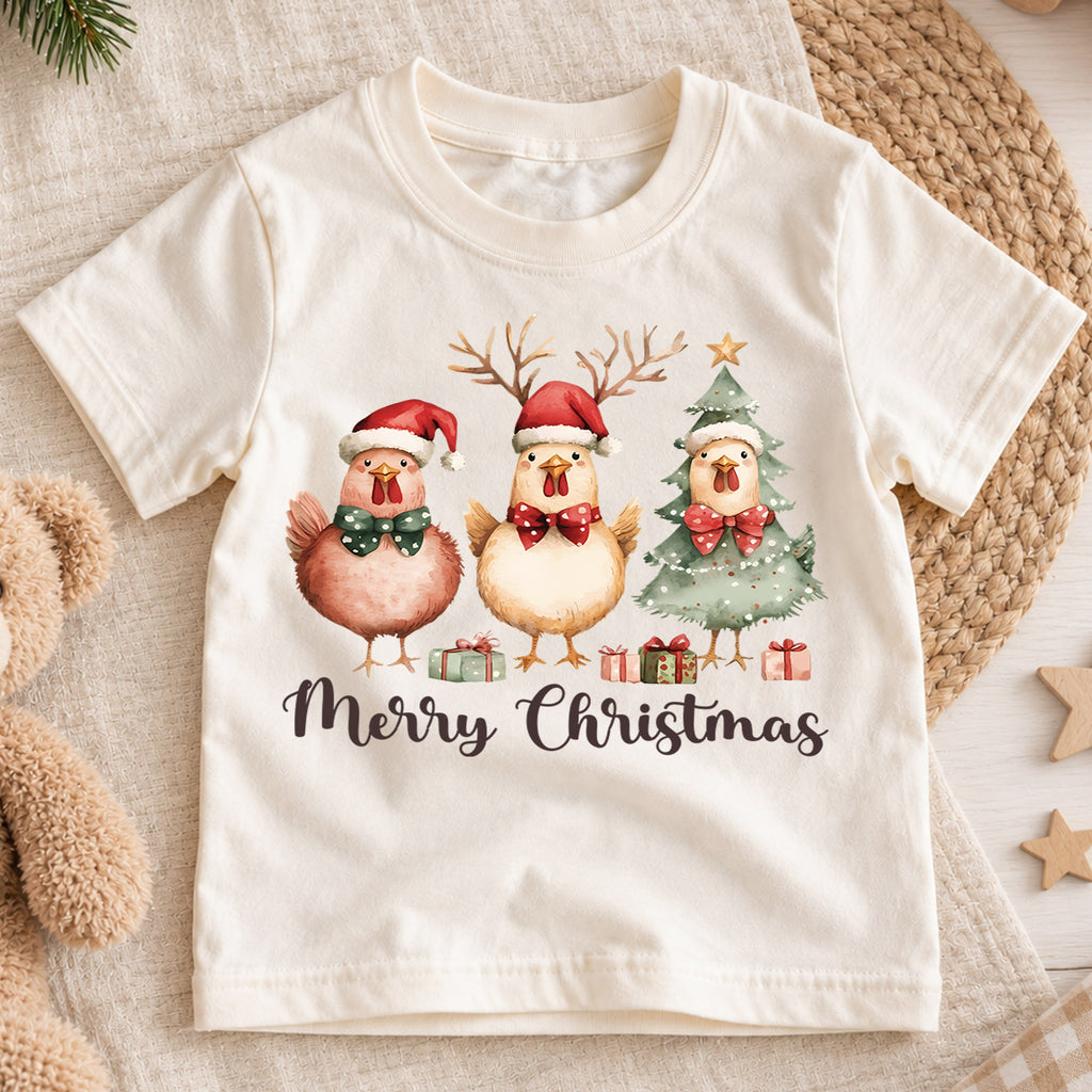 Merry Christmas Chicken Kids Shirt, Cute Holiday Chicken Tee, Farm Animal Christmas Outfit for Boys Girls, Funny Chicken Lover Gift — product view 1