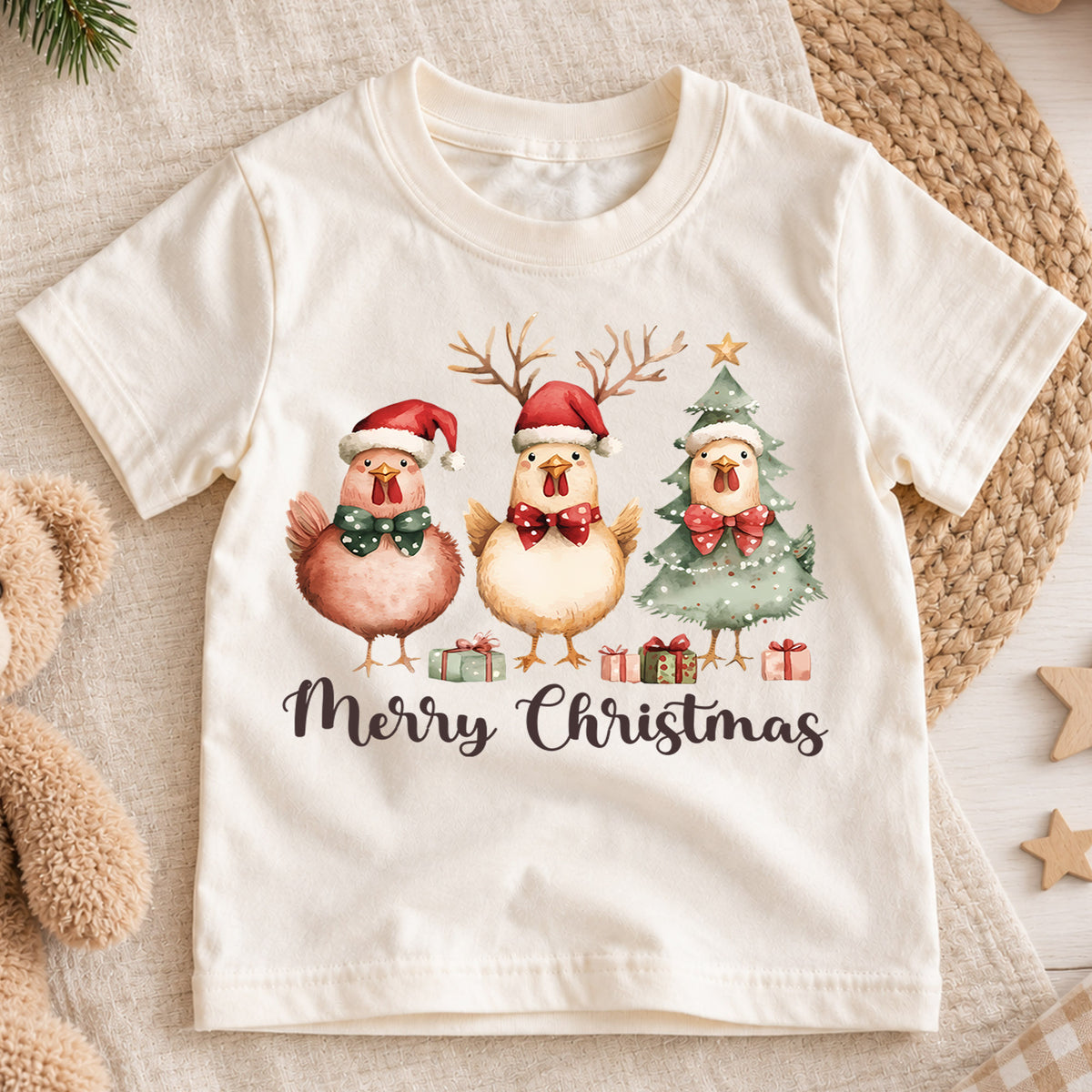 Merry Christmas Chicken Kids Shirt, Cute Holiday Chicken Tee, Farm Animal Christmas Outfit for Boys Girls, Funny Chicken Lover Gift — product view 1