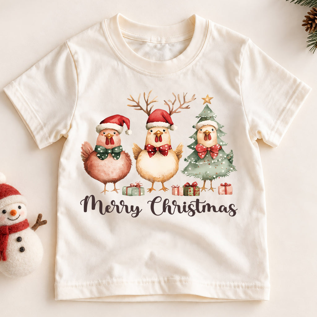 Merry Christmas Chicken Kids Shirt, Cute Holiday Chicken Tee, Farm Animal Christmas Outfit for Boys Girls, Funny Chicken Lover Gift — product view 2