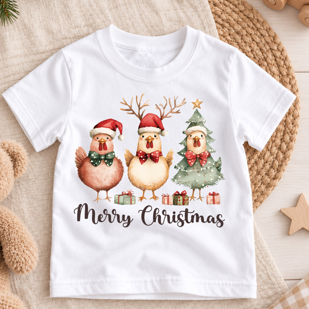 Merry Christmas Chicken Kids Shirt, Cute Holiday Chicken Tee, Farm Animal Christmas Outfit for Boys Girls, Funny Chicken Lover Gift — product view 3