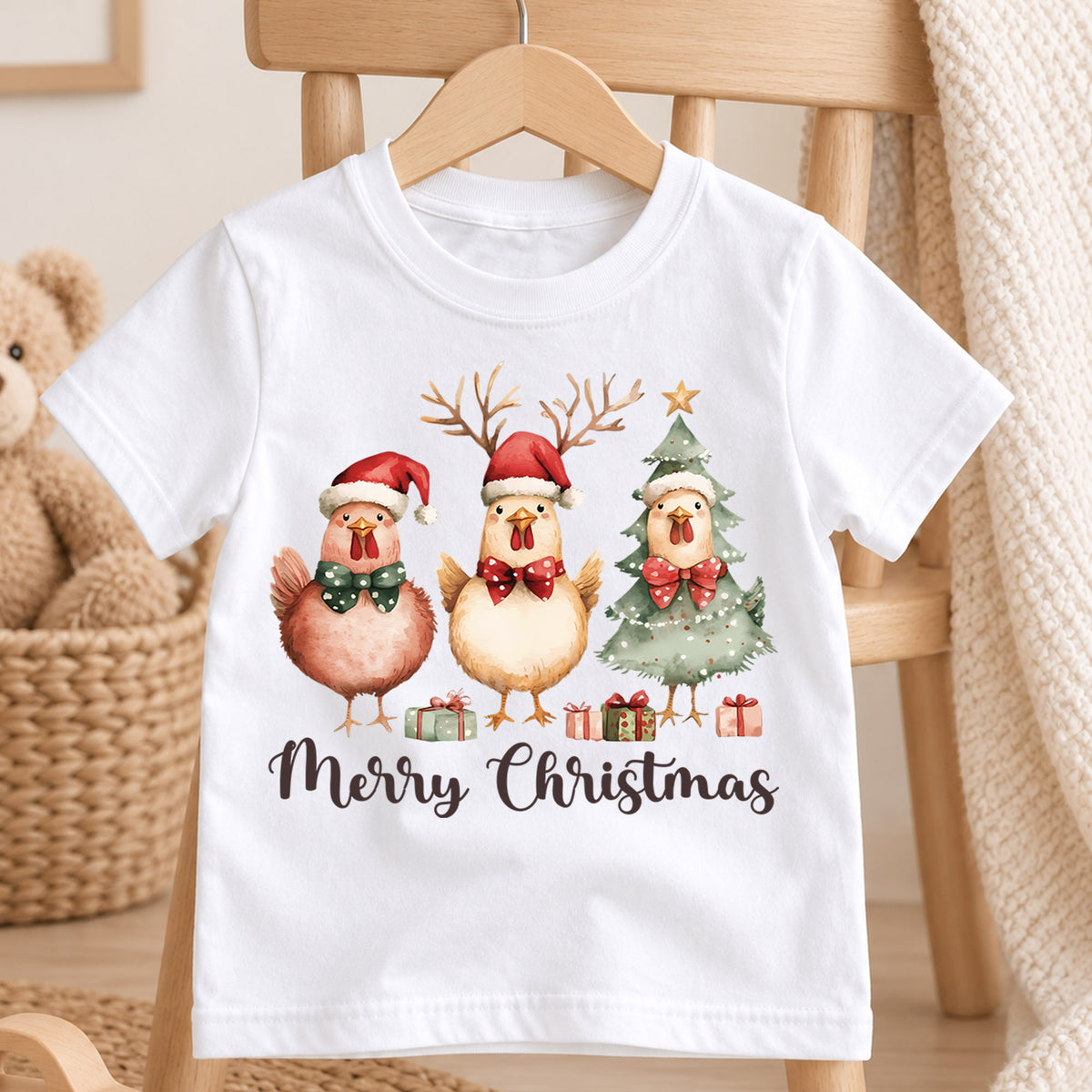 Merry Christmas Chicken Kids Shirt, Cute Holiday Chicken Tee, Farm Animal Christmas Outfit for Boys Girls, Funny Chicken Lover Gift — product view 4