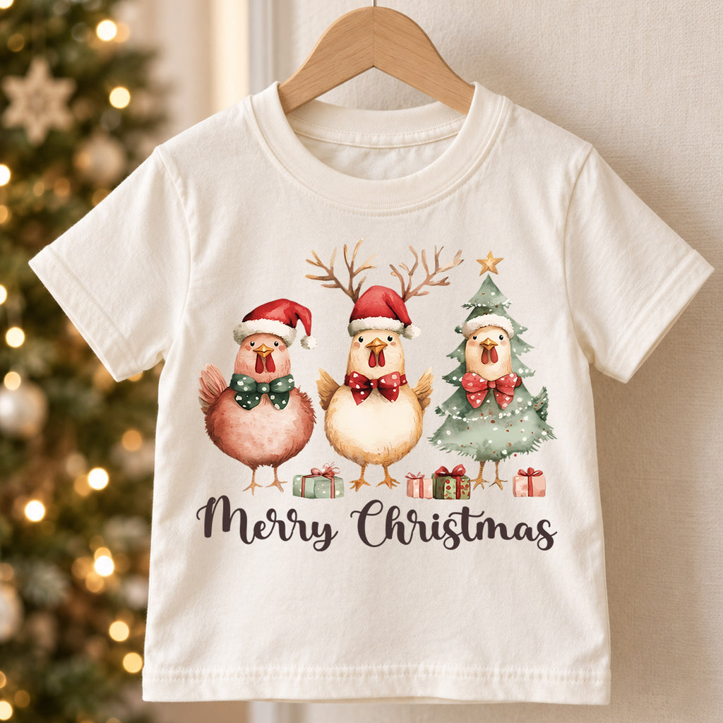 Merry Christmas Chicken Kids Shirt, Cute Holiday Chicken Tee, Farm Animal Christmas Outfit for Boys Girls, Funny Chicken Lover Gift — product view 5