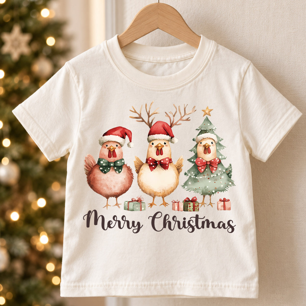 Merry Christmas Chicken Kids Shirt, Cute Holiday Chicken Tee, Farm Animal Christmas Outfit for Boys Girls, Funny Chicken Lover Gift — product view 5