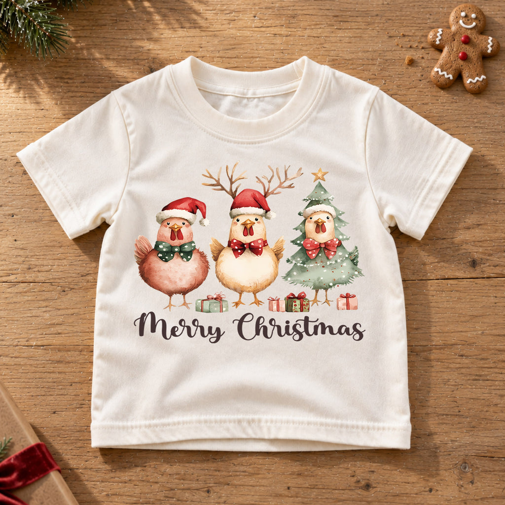 Merry Christmas Chicken Kids Shirt, Cute Holiday Chicken Tee, Farm Animal Christmas Outfit for Boys Girls, Funny Chicken Lover Gift — product view 6