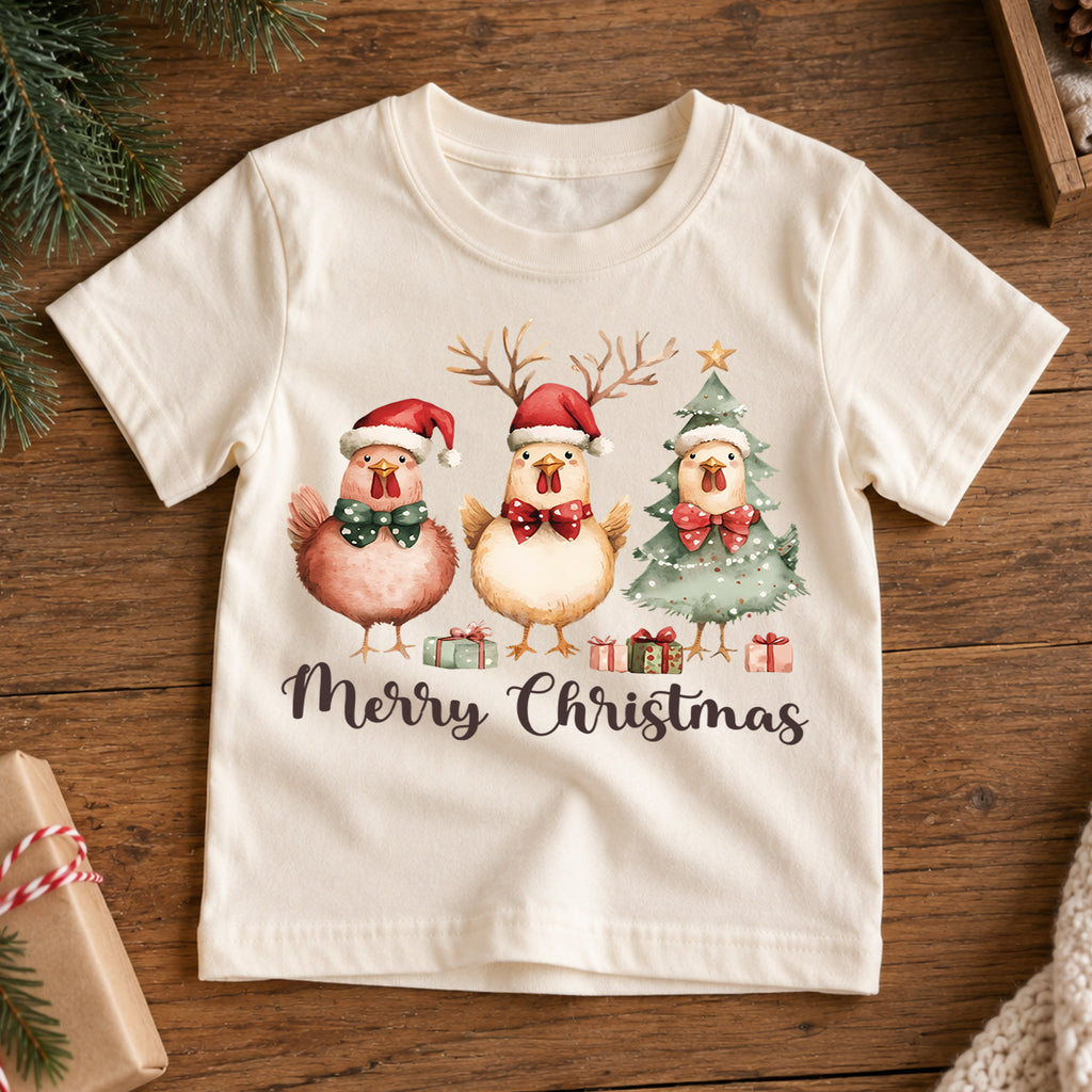 Merry Christmas Chicken Kids Shirt, Cute Holiday Chicken Tee, Farm Animal Christmas Outfit for Boys Girls, Funny Chicken Lover Gift — product view 7