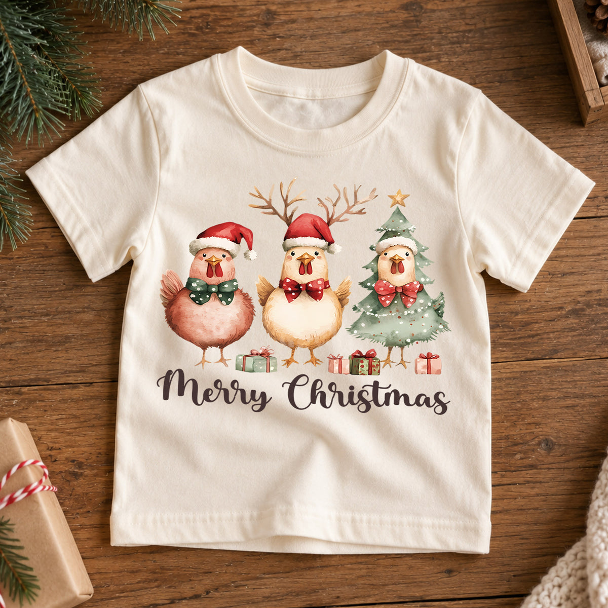 Merry Christmas Chicken Kids Shirt, Cute Holiday Chicken Tee, Farm Animal Christmas Outfit for Boys Girls, Funny Chicken Lover Gift — product view 7