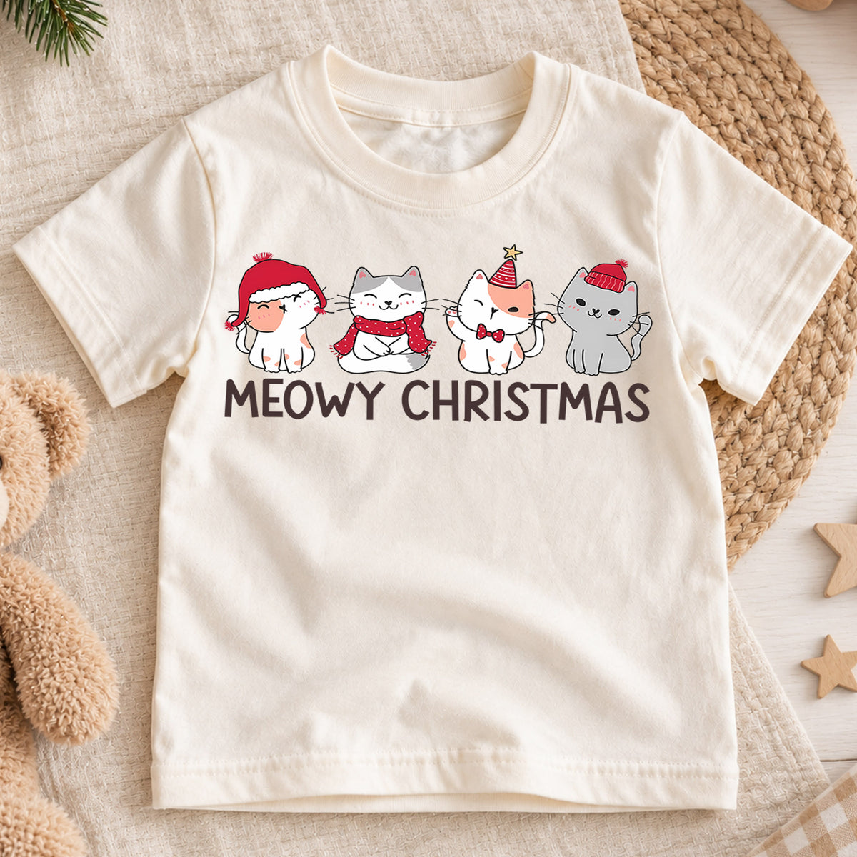 Meowy Christmas Kids Shirt, Cute Christmas Cat Tee, Santa Hat Kitty Holiday Outfit for Boys Girls, Funny Cat Lover Christmas Gift for Kids — product view 1